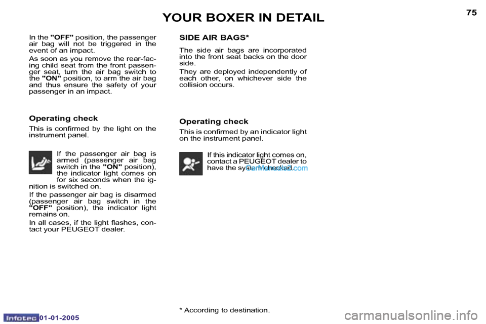 Peugeot Boxer 2005  Owners Manual �7�4
�0�1�-�0�1�-�2�0�0�5
�7�5
�0�1�-�0�1�-�2�0�0�5�*� �A�c�c�o�r�d�i�n�g� �t�o� �d�e�s�t�i�n�a�t�i�o�n�.
�I�n� �t�h�e� 
�"�O�F�F�" � �p�o�s�i�t�i�o�n�,� �t�h�e� �p�a�s�s�e�n�g�e�r� 
�a�i�r�  �b�a�g� 