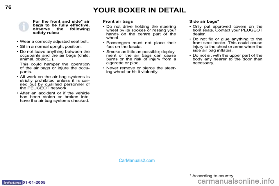 Peugeot Boxer 2005  Owners Manual �7�6
�0�1�-�0�1�-�2�0�0�5
�F�o�r�  �t�h�e�  �f�r�o�n�t�  �a�n�d�  �s�i�d�e�*�  �a�i�r�  
�b�a�g�s�  �t�o�  �b�e�  �f�u�l�l�y�  �e�f�f�e�c�t�i�v�e�,� 
�o�b�s�e�r�v�e�  �t�h�e�  �f�o�l�l�o�w�i�n�g� 
�s�