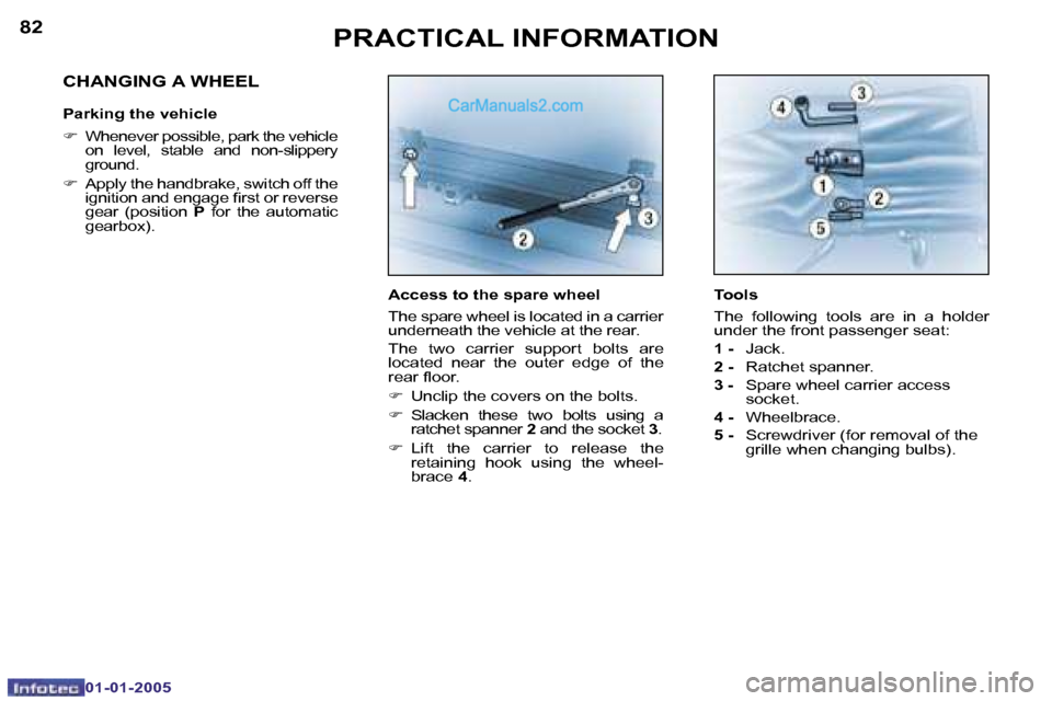 Peugeot Boxer 2005  Owners Manual �8�2
�0�1�-�0�1�-�2�0�0�5
�8�3
�0�1�-�0�1�-�2�0�0�5
�A�c�c�e�s�s� �t�o� �t�h�e� �s�p�a�r�e� �w�h�e�e�l 
�T�h�e� �s�p�a�r�e� �w�h�e�e�l� �i�s� �l�o�c�a�t�e�d� �i�n� �a� �c�a�r�r�i�e�r�  
�u�n�d�e�r�n�e
