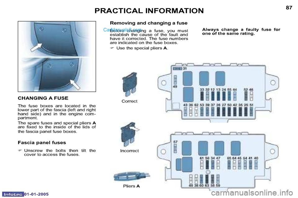 Peugeot Boxer 2005  Owners Manual �8�6
�0�1�-�0�1�-�2�0�0�5
�8�7
�0�1�-�0�1�-�2�0�0�5
�C�H�A�N�G�I�N�G� �A� �F�U�S�E
�T�h�e�  �f�u�s�e�  �b�o�x�e�s�  �a�r�e�  �l�o�c�a�t�e�d�  �i�n�  �t�h�e�  
�l�o�w�e�r� �p�a�r�t� �o�f� �t�h�e� �f�a�