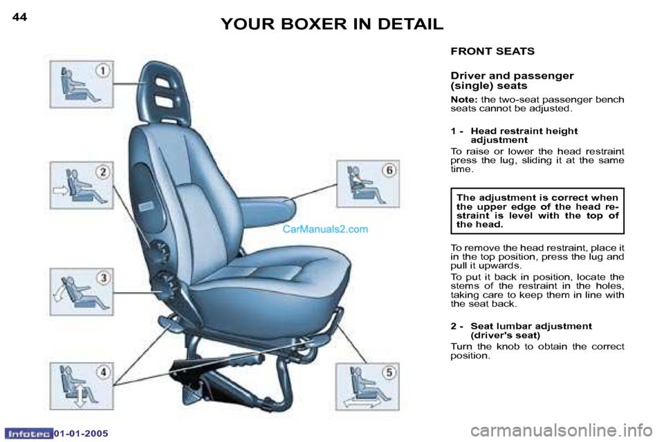 Peugeot Boxer 2005 Manual Online �4�4
�0�1�-�0�1�-�2�0�0�5
�4�5
�0�1�-�0�1�-�2�0�0�5
�F�R�O�N�T� �S�E�A�T�S
�D�r�i�v�e�r� �a�n�d� �p�a�s�s�e�n�g�e�r�  
�(�s�i�n�g�l�e�)� �s�e�a�t�s
�N�o�t�e�:� �t�h�e� �t�w�o�-�s�e�a�t� �p�a�s�s�e�n�g