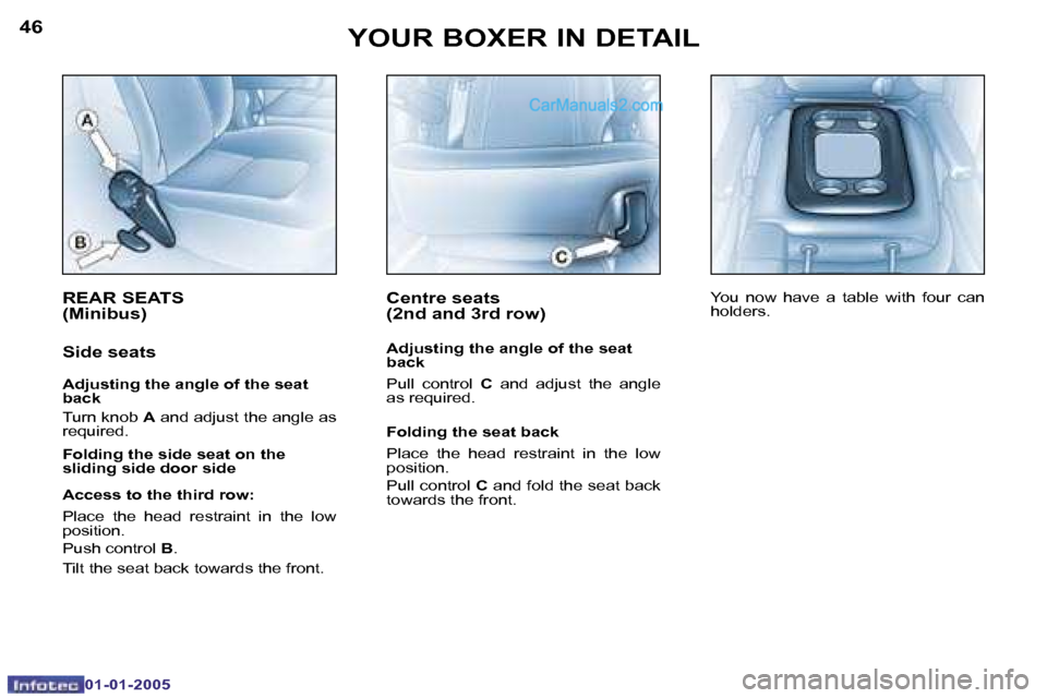 Peugeot Boxer 2005 Manual Online �4�6
�0�1�-�0�1�-�2�0�0�5
�4�7
�0�1�-�0�1�-�2�0�0�5
�R�E�A�R� �S�E�A�T�S�  
�(�M�i�n�i�b�u�s�)
�S�i�d�e� �s�e�a�t�s
�A�d�j�u�s�t�i�n�g� �t�h�e� �a�n�g�l�e� �o�f� �t�h�e� �s�e�a�t�  
�b�a�c�k 
�T�u�r�n
