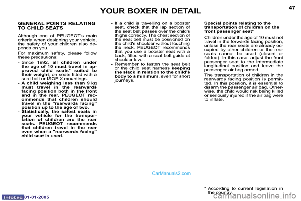 Peugeot Boxer 2005 Manual Online �4�6
�0�1�-�0�1�-�2�0�0�5
�4�7
�0�1�-�0�1�-�2�0�0�5
�G�E�N�E�R�A�L� �P�O�I�N�T�S� �R�E�L�A�T�I�N�G�  
�T�O� �C�H�I�L�D� �S�E�A�T�S
�A�l�t�h�o�u�g�h�  �o�n�e�  �o�f�  �P�E�U�G�E�O�T��s�  �m�a�i�n�  
�