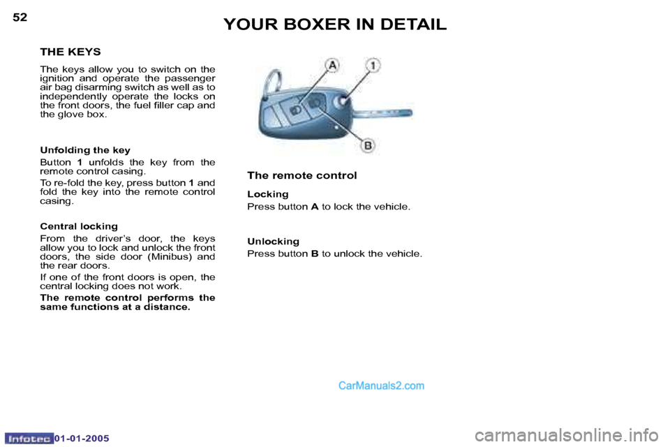 Peugeot Boxer 2005 Owners Manual �5�2
�0�1�-�0�1�-�2�0�0�5
�5�3
�0�1�-�0�1�-�2�0�0�5
�T�H�E� �K�E�Y�S
�T�h�e�  �k�e�y�s�  �a�l�l�o�w�  �y�o�u�  �t�o�  �s�w�i�t�c�h�  �o�n�  �t�h�e�  
�i�g�n�i�t�i�o�n�  �a�n�d�  �o�p�e�r�a�t�e�  �t�h�