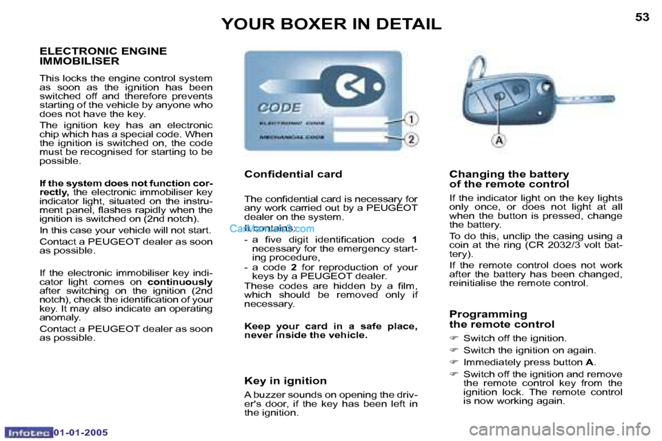 Peugeot Boxer 2005 Owners Manual �5�2
�0�1�-�0�1�-�2�0�0�5
�5�3
�0�1�-�0�1�-�2�0�0�5
�E�L�E�C�T�R�O�N�I�C� �E�N�G�I�N�E�  
�I�M�M�O�B�I�L�I�S�E�R
�T�h�i�s� �l�o�c�k�s� �t�h�e� �e�n�g�i�n�e� �c�o�n�t�r�o�l� �s�y�s�t�e�m�  
�a�s�  �s�o