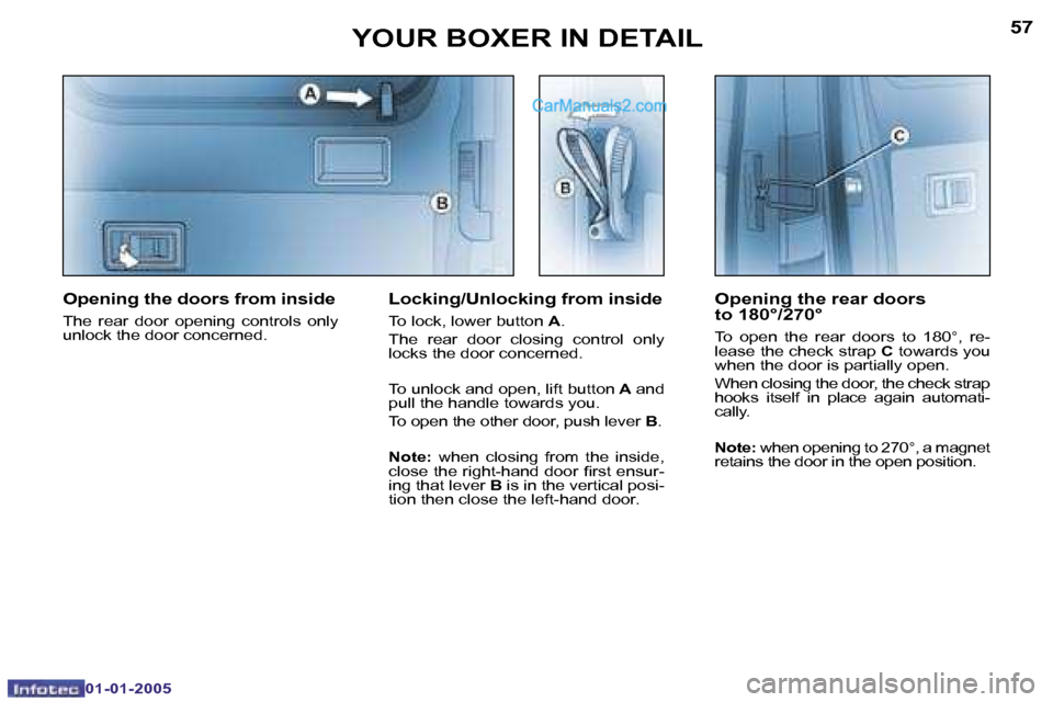 Peugeot Boxer 2005 Owners Manual �5�6
�0�1�-�0�1�-�2�0�0�5
�5�7
�0�1�-�0�1�-�2�0�0�5
�O�p�e�n�i�n�g� �t�h�e� �r�e�a�r� �d�o�o�r�s 
�t�o� �1�8�0�°�/�2�7�0�°
�T�o�  �o�p�e�n�  �t�h�e�  �r�e�a�r�  �d�o�o�r�s�  �t�o�  �1�8�0�°�,�  �r�