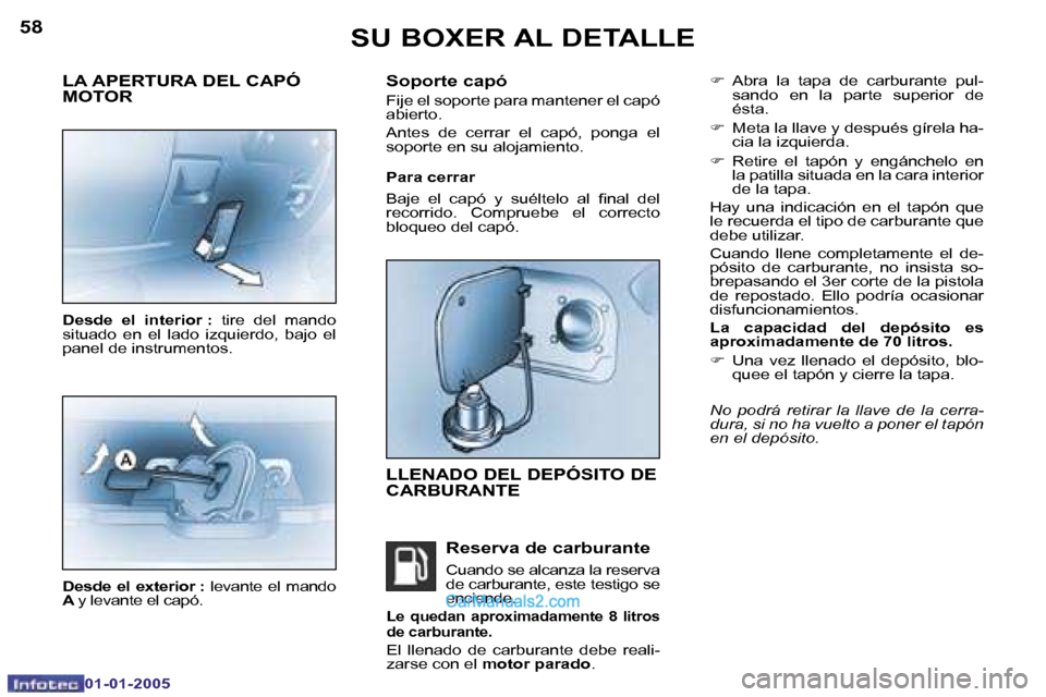 Peugeot Boxer 2005  Manual del propietario (in Spanish) �5�8
�0�1�-�0�1�-�2�0�0�5
�5�9
�0�1�-�0�1�-�2�0�0�5
�F�  �A�b�r�a�  �l�a�  �t�a�p�a�  �d�e�  �c�a�r�b�u�r�a�n�t�e�  �p�u�l�-
�s�a�n�d�o�  �e�n�  �l�a�  �p�a�r�t�e�  �s�u�p�e�r�i�o�r�  �d�e�  
�é�s�t�