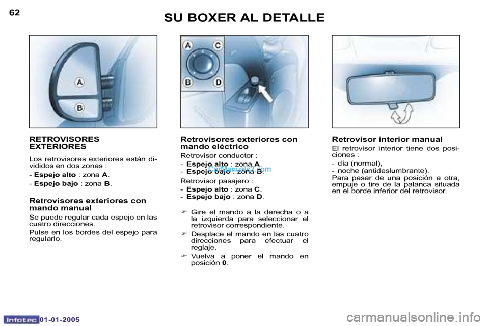 Peugeot Boxer 2005  Manual del propietario (in Spanish) �6�2
�0�1�-�0�1�-�2�0�0�5
�6�3
�0�1�-�0�1�-�2�0�0�5
�R�E�T�R�O�V�I�S�O�R�E�S�  
�E�X�T�E�R�I�O�R�E�S
�L�o�s�  �r�e�t�r�o�v�i�s�o�r�e�s�  �e�x�t�e�r�i�o�r�e�s�  �e�s�t�á�n�  �d�i�- 
�v�i�d�i�d�o�s� �e