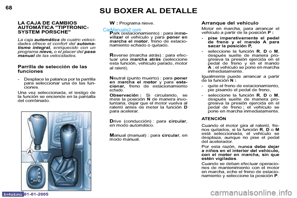 Peugeot Boxer 2005  Manual del propietario (in Spanish) �6�8
�0�1�-�0�1�-�2�0�0�5
�6�9
�0�1�-�0�1�-�2�0�0�5
�L�A� �C�A�J�A� �D�E� �C�A�M�B�I�O�S�  
�A�U�T�O�M�Á�T�I�C�A� �"�T�I�P�T�R�O�N�I�C�-� 
�S�Y�S�T�E�M� �P�O�R�S�C�H�E�"
�L�a� �c�a�j�a� �a�u�t�o�m�á