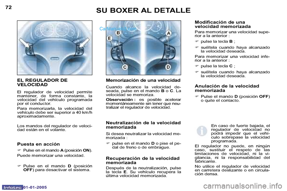 Peugeot Boxer 2005  Manual del propietario (in Spanish) �7�2
�0�1�-�0�1�-�2�0�0�5
�7�3
�0�1�-�0�1�-�2�0�0�5
�R�e�c�u�p�e�r�a�c�i�ó�n� �d�e� �l�a� �v�e�l�o�c�i�d�a�d�  
�m�e�m�o�r�i�z�a�d�a� 
�D�e�s�p�u�é�s�  �d�e�  �l�a�  �n�e�u�t�r�a�l�i�z�a�c�i�ó�n�,�