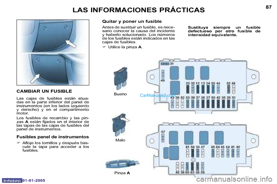 Peugeot Boxer 2005  Manual del propietario (in Spanish) �8�6
�0�1�-�0�1�-�2�0�0�5
�8�7
�0�1�-�0�1�-�2�0�0�5
�C�A�M�B�I�A�R� �U�N� �F�U�S�I�B�L�E
�L�a�s�  �c�a�j�a�s�  �d�e�  �f�u�s�i�b�l�e�s�  �e�s�t�á�n�  �s�i�t�u�a�- 
�d�a�s�  �e�n�  �l�a�  �p�a�r�t�e� 