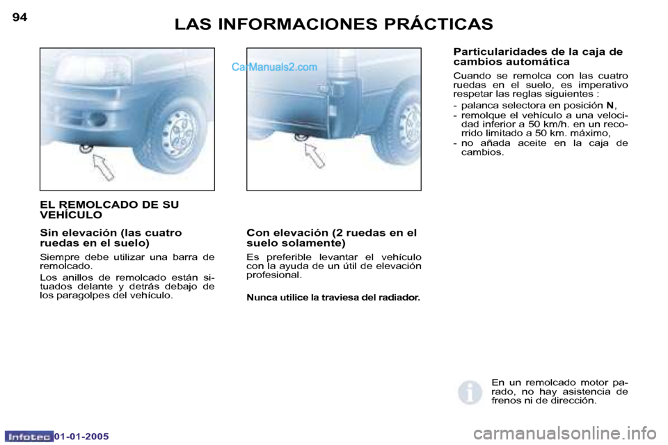 Peugeot Boxer 2005  Manual del propietario (in Spanish) �9�4
�0�1�-�0�1�-�2�0�0�5
�9�5
�0�1�-�0�1�-�2�0�0�5
�S�i�n� �e�l�e�v�a�c�i�ó�n� �(�l�a�s� �c�u�a�t�r�o�  
�r�u�e�d�a�s� �e�n� �e�l� �s�u�e�l�o�)
�S�i�e�m�p�r�e�  �d�e�b�e�  �u�t�i�l�i�z�a�r�  �u�n�a�