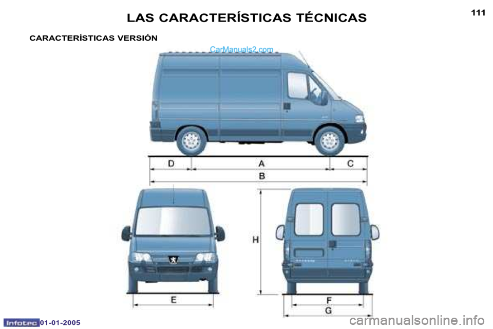 Peugeot Boxer 2005  Manual del propietario (in Spanish) �L�A�S� �C�A�R�A�C�T�E�R�Í�S�T�I�C�A�S� �T�É�C�N�I�C�A�S�1�1�0
�0�1�-�0�1�-�2�0�0�5
�1�1�1�L�A�S� �C�A�R�A�C�T�E�R�Í�S�T�I�C�A�S� �T�É�C�N�I�C�A�S
�0�1�-�0�1�-�2�0�0�5
�C�A�R�A�C�T�E�R�Í�S�T�I�C�