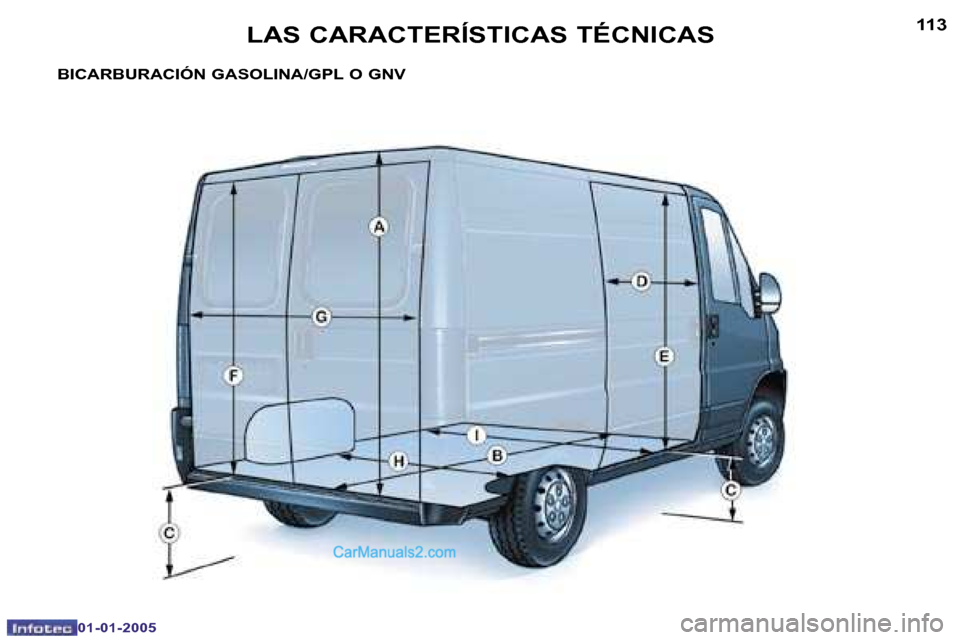 Peugeot Boxer 2005  Manual del propietario (in Spanish) �L�A�S� �C�A�R�A�C�T�E�R�Í�S�T�I�C�A�S� �T�É�C�N�I�C�A�S�1�1�2
�0�1�-�0�1�-�2�0�0�5
�1�1�3�L�A�S� �C�A�R�A�C�T�E�R�Í�S�T�I�C�A�S� �T�É�C�N�I�C�A�S
�0�1�-�0�1�-�2�0�0�5
�B�I�C�A�R�B�U�R�A�C�I�Ó�N�