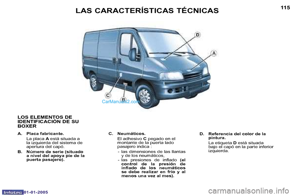 Peugeot Boxer 2005  Manual del propietario (in Spanish) �L�A�S� �C�A�R�A�C�T�E�R�Í�S�T�I�C�A�S� �T�É�C�N�I�C�A�S�1�1�4
�0�1�-�0�1�-�2�0�0�5
�1�1�5�L�A�S� �C�A�R�A�C�T�E�R�Í�S�T�I�C�A�S� �T�É�C�N�I�C�A�S
�0�1�-�0�1�-�2�0�0�5
�L�O�S� �E�L�E�M�E�N�T�O�S� 