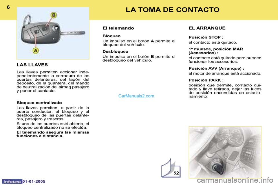 Peugeot Boxer 2005  Manual del propietario (in Spanish) �6�7
�0�1�-�0�1�-�2�0�0�5
�L�A�S� �L�L�A�V�E�S
�L�a�s�  �l�l�a�v�e�s�  �p�e�r�m�i�t�e�n�  �a�c�c�i�o�n�a�r�  �i�n�d�e�- 
�p�e�n�d�i�e�n�t�e�m�e�n�t�e�  �l�a�  �c�e�r�r�a�d�u�r�a�  �d�e�  �l�a�s� 
�p�u