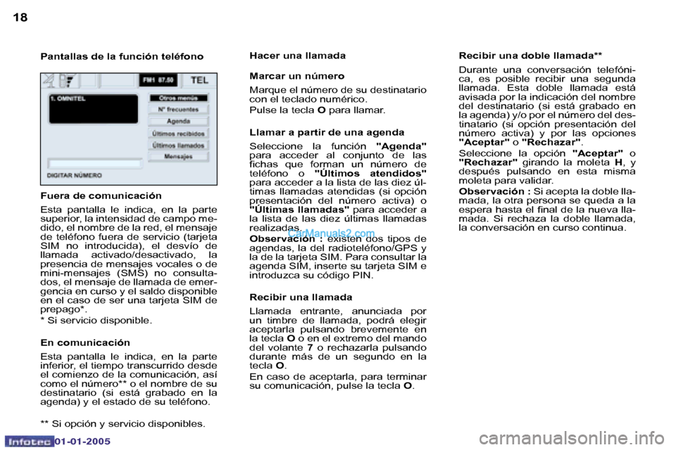 Peugeot Boxer 2005  Manual del propietario (in Spanish) �1�8�1�9
�0�2�-�0�8�-�2�0�0�4
�P�a�n�t�a�l�l�a�s� �d�e� �l�a� �f�u�n�c�i�ó�n� �t�e�l�é�f�o�n�o�H�a�c�e�r� �u�n�a� �l�l�a�m�a�d�a 
�M�a�r�c�a�r� �u�n� �n�ú�m�e�r�o 
�M�a�r�q�u�e� �e�l� �n�ú�m�e�r�o