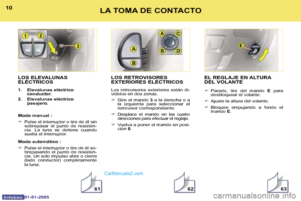 Peugeot Boxer 2005  Manual del propietario (in Spanish) �1�0
�0�1�-�0�1�-�2�0�0�5
�1�1
�0�1�-�0�1�-�2�0�0�5
�L�O�S� �E�L�E�V�A�L�U�N�A�S�  
�E�L�É�C�T�R�I�C�O�S
�1�.�  �E�l�e�v�a�l�u�n�a�s� �e�l�é�c�t�r�i�c�o�c�o�n�d�u�c�t�o�r�.
�2�.�  �E�l�e�v�a�l�u�n�a