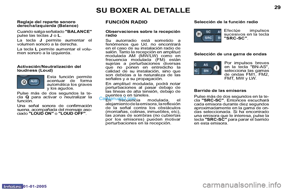 Peugeot Boxer 2005  Manual del propietario (in Spanish) �2�8
�0�1�-�0�1�-�2�0�0�5
�2�9
�0�1�-�0�1�-�2�0�0�5
�R�e�g�l�a�j�e� �d�e�l� �r�e�p�a�r�t�o� �s�o�n�o�r�o�  
�d�e�r�e�c�h�a�/�i�z�q�u�i�e�r�d�a� �(�B�a�l�a�n�c�e�) 
�C�u�a�n�d�o� �s�a�l�g�a� �s�e�ñ�a�