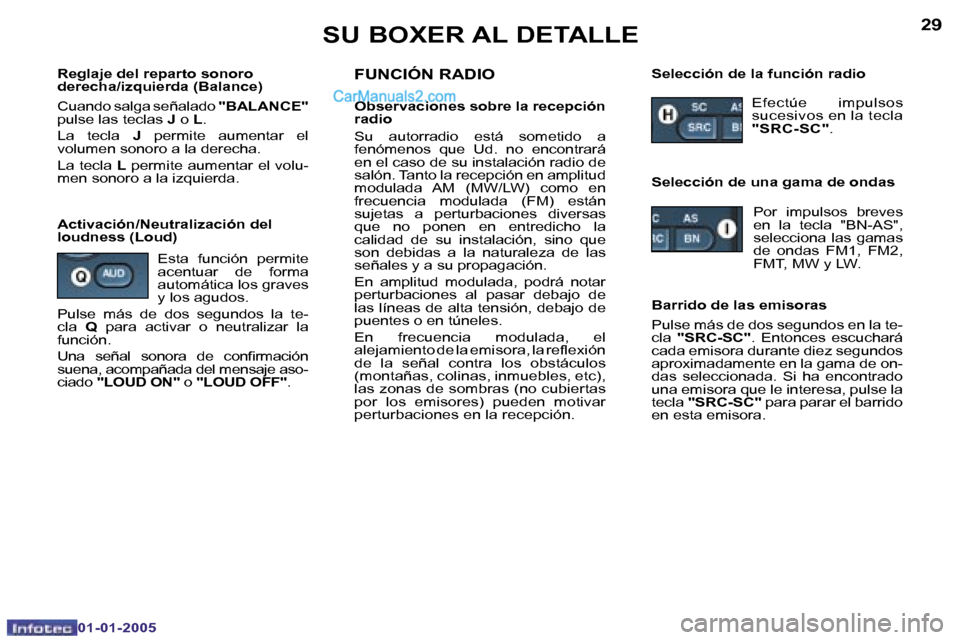 Peugeot Boxer 2005  Manual del propietario (in Spanish) �2�8
�0�1�-�0�1�-�2�0�0�5
�2�9
�0�1�-�0�1�-�2�0�0�5
�R�e�g�l�a�j�e� �d�e�l� �r�e�p�a�r�t�o� �s�o�n�o�r�o�  
�d�e�r�e�c�h�a�/�i�z�q�u�i�e�r�d�a� �(�B�a�l�a�n�c�e�) 
�C�u�a�n�d�o� �s�a�l�g�a� �s�e�ñ�a�