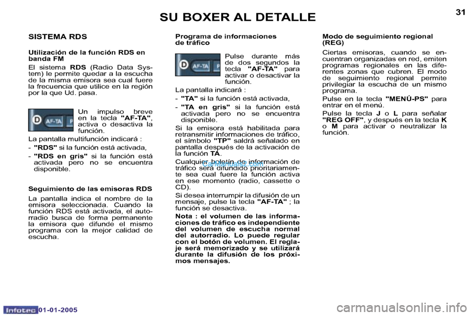 Peugeot Boxer 2005  Manual del propietario (in Spanish) �3�0
�0�1�-�0�1�-�2�0�0�5
�3�1
�0�1�-�0�1�-�2�0�0�5
�S�I�S�T�E�M�A� �R�D�S
�U�t�i�l�i�z�a�c�i�ó�n� �d�e� �l�a� �f�u�n�c�i�ó�n� �R�D�S� �e�n�  
�b�a�n�d�a� �F�M 
�E�l�  �s�i�s�t�e�m�a� �R�D�S�  �(�R�