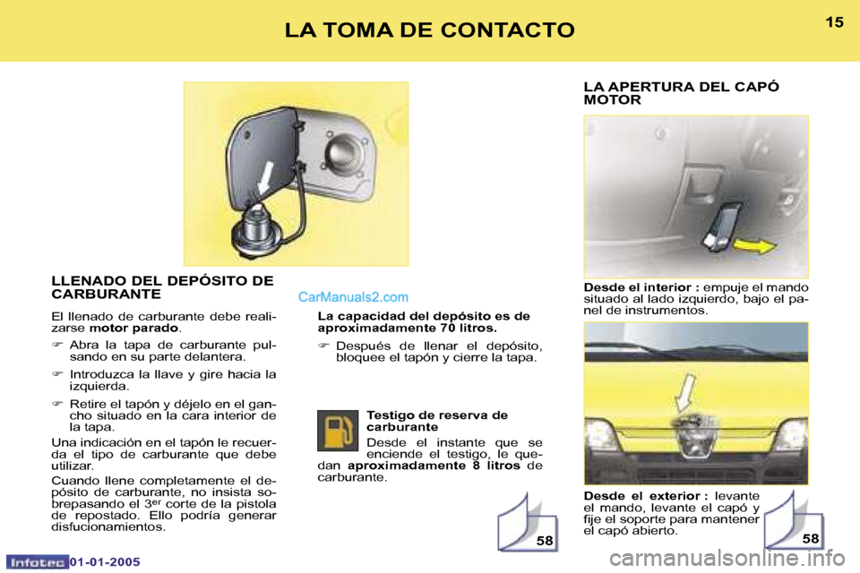 Peugeot Boxer 2005  Manual del propietario (in Spanish) �1�4�1�5
�0�1�-�0�1�-�2�0�0�5
�L�L�E�N�A�D�O� �D�E�L� �D�E�P�Ó�S�I�T�O� �D�E�  
�C�A�R�B�U�R�A�N�T�E
�E�l�  �l�l�e�n�a�d�o�  �d�e�  �c�a�r�b�u�r�a�n�t�e�  �d�e�b�e�  �r�e�a�l�i�- 
�z�a�r�s�e� �m�o�t�