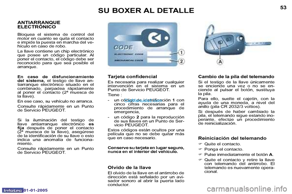 Peugeot Boxer 2005  Manual del propietario (in Spanish) �5�2
�0�1�-�0�1�-�2�0�0�5
�5�3
�0�1�-�0�1�-�2�0�0�5
�A�N�T�I�A�R�R�A�N�Q�U�E�  
�E�L�E�C�T�R�Ó�N�I�C�O
�B�l�o�q�u�e�a�  �e�l�  �s�i�s�t�e�m�a�  �d�e�  �c�o�n�t�r�o�l�  �d�e�l�  
�m�o�t�o�r� �e�n� �c�