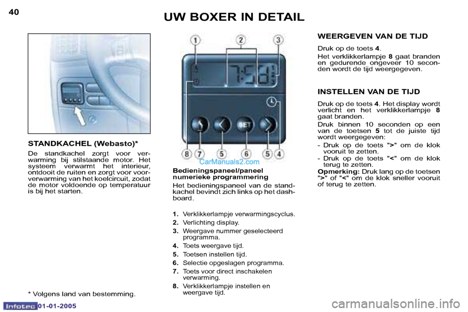 Peugeot Boxer 2005  Handleiding (in Dutch) �4�0
�0�1�-�0�1�-�2�0�0�5
�4�1
�0�1�-�0�1�-�2�0�0�5
�S�T�A�N�D�K�A�C�H�E�L� �(�W�e�b�a�s�t�o�)�* 
�D�e�  �s�t�a�n�d�k�a�c�h�e�l�  �z�o�r�g�t�  �v�o�o�r�  �v�e�r�- 
�w�a�r�m�i�n�g�  �b�i�j�  �s�t�i�l�s