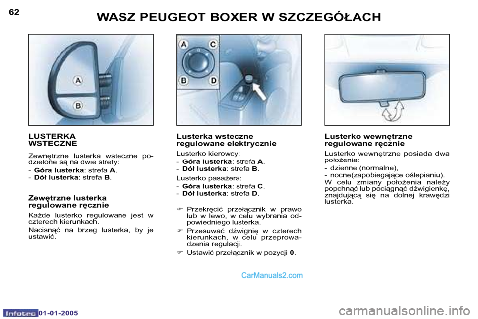 Peugeot Boxer 2005  Instrukcja Obsługi (in Polish) �W�A�S�Z� �P�E�U�G�E�O�T� �B�O�X�E�R� �W� �S�Z�C�Z�E�G�Ó�Ł�A�C�H�6�2
�0�1�-�0�1�-�2�0�0�5
�6�3�W�A�S�Z� �P�E�U�G�E�O�T� �B�O�X�E�R� �W� �S�Z�C�Z�E�G�Ó�Ł�A�C�H
�0�1�-�0�1�-�2�0�0�5
�L�U�S�T�E�R�K�A