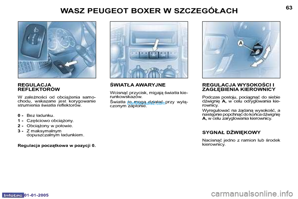 Peugeot Boxer 2005  Instrukcja Obsługi (in Polish) �W�A�S�Z� �P�E�U�G�E�O�T� �B�O�X�E�R� �W� �S�Z�C�Z�E�G�Ó�Ł�A�C�H�6�2
�0�1�-�0�1�-�2�0�0�5
�6�3�W�A�S�Z� �P�E�U�G�E�O�T� �B�O�X�E�R� �W� �S�Z�C�Z�E�G�Ó�Ł�A�C�H
�0�1�-�0�1�-�2�0�0�5
�R�E�G�U�L�A�C�J
