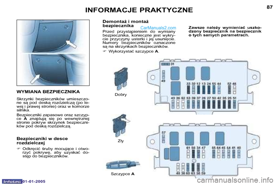 Peugeot Boxer 2005  Instrukcja Obsługi (in Polish) �8�6
�0�1�-�0�1�-�2�0�0�5
�8�7
�0�1�-�0�1�-�2�0�0�5
�W�Y�M�I�A�N�A� �B�E�Z�P�I�E�C�Z�N�I�K�A
�S�k�r�z�y�n�k�i�  �b�e�z�p�i�e�c�z�n�i�k�ó�w�  �u�m�i�e�s�z�c�z�o�- 
�n�e�  �s�  �p�o�d�  �d�e�s�k�  