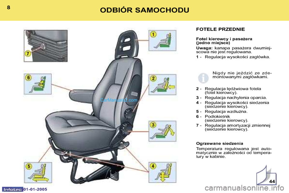 Peugeot Boxer 2005  Instrukcja Obsługi (in Polish) �8
�0�1�-�0�1�-�2�0�0�5
�9
�0�1�-�0�1�-�2�0�0�5
�F�O�T�E�L�E� �P�R�Z�E�D�N�I�E
�F�o�t�e�l� �k�i�e�r�o�w�c�y� �i� �p�a�s�aG�e�r�a�  
�(�j�e�d�n�o� �m�i�e�j�s�c�e�) 
�U�w�a�g�a�:� �k�a�n�a�p�a�  �p�a�s