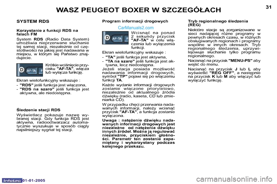 Peugeot Boxer 2005  Instrukcja Obsługi (in Polish) �3�0
�0�1�-�0�1�-�2�0�0�5
�3�1
�0�1�-�0�1�-�2�0�0�5
�S�Y�S�T�E�M� �R�D�S
�K�o�r�z�y�s�t�a�n�i�e� �z� �f�u�n�k�c�j�i� �R�D�S� �n�a�  
�f�a�l�a�c�h� �F�M 
�S�y�s�t�e�m� �R�D�S�  �(�R�a�d�i�o�  �D�a�t�a�