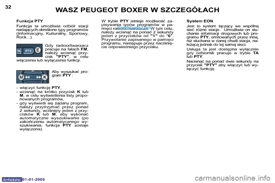 Peugeot Boxer 2005  Instrukcja Obsługi (in Polish) �3�2
�0�1�-�0�1�-�2�0�0�5
�3�3
�0�1�-�0�1�-�2�0�0�5
�F�u�n�k�c�j�a� �P�T�Y 
�F�u�n�k�c�j�a�  �t�a�  �u�m�oG�l�i�w�i�a�  �o�d�b�i�ó�r�  �s�t�a�c�j�i�  
�n�a�d�a�j"�c�y�c�h� �o�k�r�e;�l�o�n�e� �t�y�