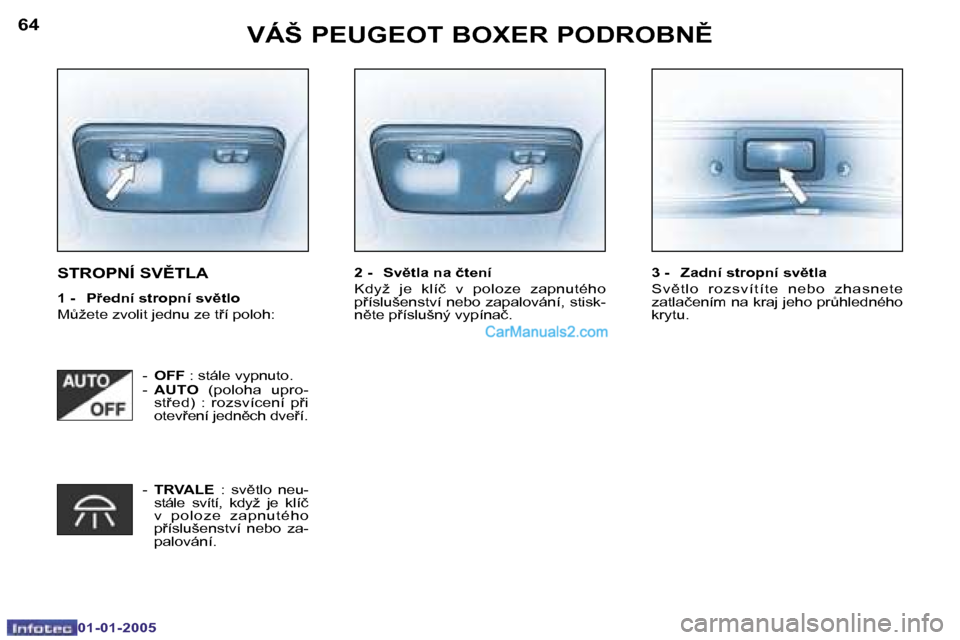Peugeot Boxer 2005  Návod k obsluze (in Czech) �6�4
�0�1�-�0�1�-�2�0�0�5
�6�5
�0�1�-�0�1�-�2�0�0�5
�S�T�R�O�P�N�Í� �S�V(�T�L�A
�1� �-�  �P9�e�d�n�í� �s�t�r�o�p�n�í� �s�v)�t�l�o 
�MA�ž�e�t�e� �z�v�o�l�i�t� �j�e�d�n�u� �z�e� �t�í� �p�o�l�