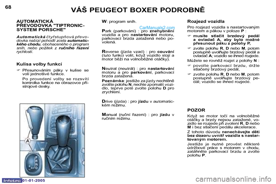 Peugeot Boxer 2005  Návod k obsluze (in Czech) �6�8
�0�1�-�0�1�-�2�0�0�5
�6�9
�0�1�-�0�1�-�2�0�0�5
�A�U�T�O�M�A�T�I�C�K�Á�  
�P8�E�V�O�D�O�V�K�A� �"�T�I�P�T�R�O�N�I�C�-
�S�Y�S�T�E�M� �P�O�R�S�C�H�E�"
�A�u �t �o �m�a�t �i �c�k�á� �č �t �y  �s