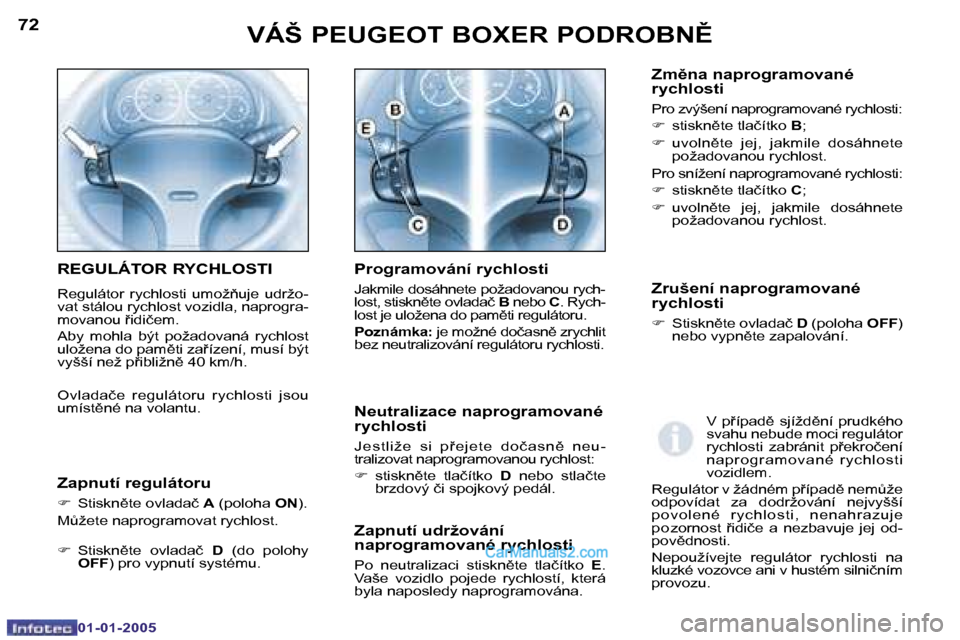 Peugeot Boxer 2005  Návod k obsluze (in Czech) �7�2
�0�1�-�0�1�-�2�0�0�5
�7�3
�0�1�-�0�1�-�2�0�0�5
�Z�a�p�n�u�t�í� �u�d�r�ž�o�v�á�n�í�  
�n�a�p�r�o�g�r�a�m�o�v�a�n�é� �r�y�c�h�l�o�s�t�i
�P�o�  �n�e�u�t�r�a�l�i�z�a�c�i�  �s�t�i�s�k�n)�t�e�  �