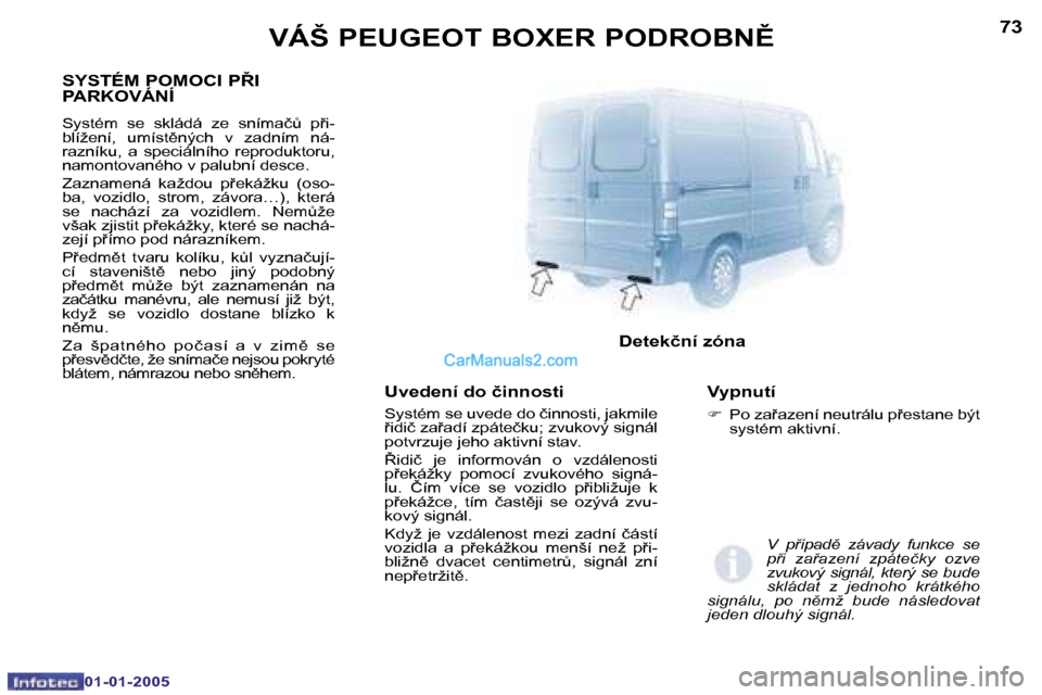 Peugeot Boxer 2005  Návod k obsluze (in Czech) �7�2
�0�1�-�0�1�-�2�0�0�5
�7�3
�0�1�-�0�1�-�2�0�0�5
�U�v�e�d�e�n�í� �d�o� �č�i�n�n�o�s�t�i
�S�y�s�t�é�m� �s�e� �u�v�e�d�e� �d�o� �č�i�n�n�o�s�t�i�,� �j�a�k�m�i�l�e�  
�i�d�i�č� �z�a�a�d�í� �
