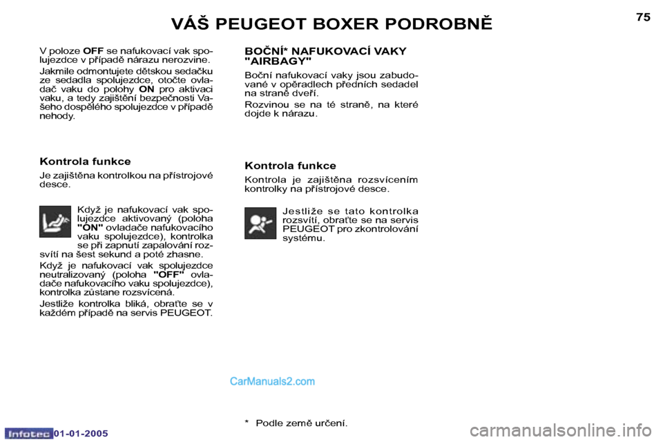 Peugeot Boxer 2005  Návod k obsluze (in Czech) �7�4
�0�1�-�0�1�-�2�0�0�5
�7�5
�0�1�-�0�1�-�2�0�0�5�*�  �P�o�d�l�e� �z�e�m)� �u�r�č�e�n�í�.
�V� �p�o�l�o�z�e� 
�O�F�F� �s�e� �n�a�f�u�k�o�v�a�c�í� �v�a�k� �s�p�o�-
�l�u�j�e�z�d�c�e� �v� �p�í�p�