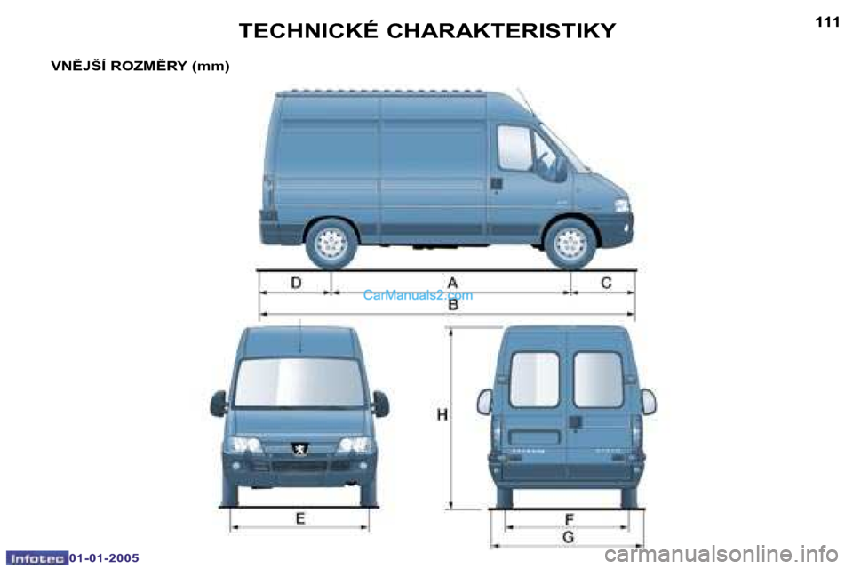 Peugeot Boxer 2005  Návod k obsluze (in Czech) �1�1�0
�0�1�-�0�1�-�2�0�0�5
�1�1�1
�0�1�-�0�1�-�2�0�0�5
�V�N(�J�Š�Í� �R�O�Z�M(�R�Y� �(�m�m�)�T�E�C�H�N�I�C�K�É� �C�H�A�R�A�K�T�E�R�I�S�T�I�K�Y   