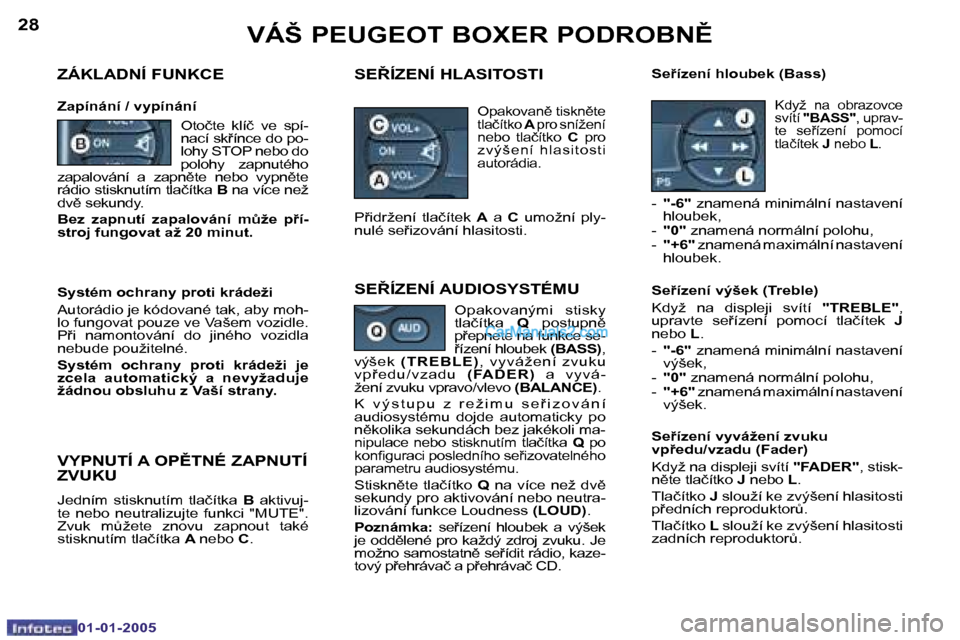Peugeot Boxer 2005  Návod k obsluze (in Czech) �2�8
�0�1�-�0�1�-�2�0�0�5
�2�9
�0�1�-�0�1�-�2�0�0�5
�Z�Á�K�L�A�D�N�Í� �F�U�N�K�C�E
�Z�a�p�í�n�á�n�í� �/� �v�y�p�í�n�á�n�í
�S�E8�Í�Z�E�N�Í� �H�L�A�S�I�T�O�S�T�I�S�e9�í�z�e�n�í� �h�l�o�u�b