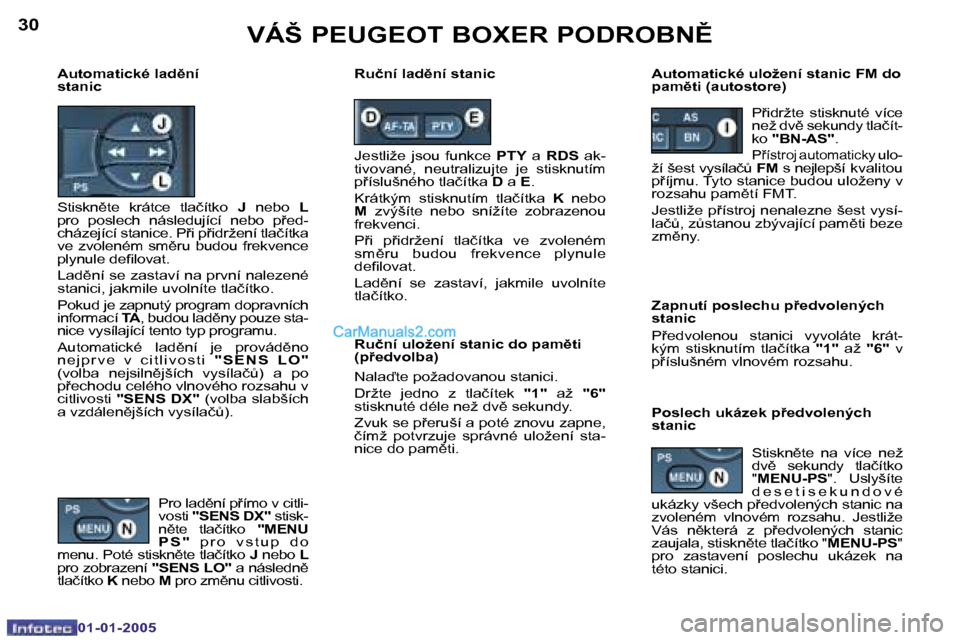 Peugeot Boxer 2005  Návod k obsluze (in Czech) �3�0
�0�1�-�0�1�-�2�0�0�5
�3�1
�0�1�-�0�1�-�2�0�0�5
�P�r�o� �l�a�d)�n�í� �p9�í�m�o� �v� �c�i�t�l�i�- 
�v�o�s�t�i� �"�S�E�N�S� �D�X�"�  �s�t�i�s�k�-
�n)�t�e�  �t�l�a�č�í�t�k�o�  �"�M�E�N�U� 
�P 