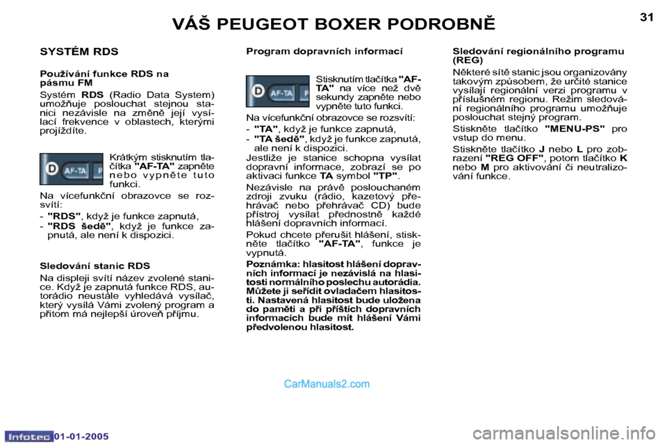 Peugeot Boxer 2005  Návod k obsluze (in Czech) �3�0
�0�1�-�0�1�-�2�0�0�5
�3�1
�0�1�-�0�1�-�2�0�0�5
�S�Y�S�T�É�M� �R�D�S
�P�o�u�ž�í�v�á�n�í� �f�u�n�k�c�e� �R�D�S� �n�a�  
�p�á�s�m�u� �F�M 
�S�y�s�t�é�m� �R�D�S�  �(�R�a�d�i�o�  �D�a�t�a�  �S�