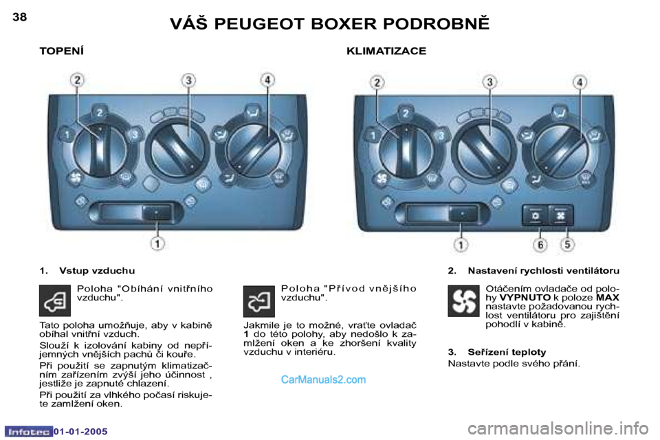 Peugeot Boxer 2005  Návod k obsluze (in Czech) �3�8
�0�1�-�0�1�-�2�0�0�5
�3�9
�0�1�-�0�1�-�2�0�0�5
�T�O�P�E�N�Í
�2�.�  �N�a�s�t�a�v�e�n�í� �r�y�c�h�l�o�s�t�i� �v�e�n�t�i�l�á�t�o�r�u
�K�L�I�M�A�T�I�Z�A�C�E
�1�.�  �V�s�t�u�p� �v�z�d�u�c�h�u�P�o�l