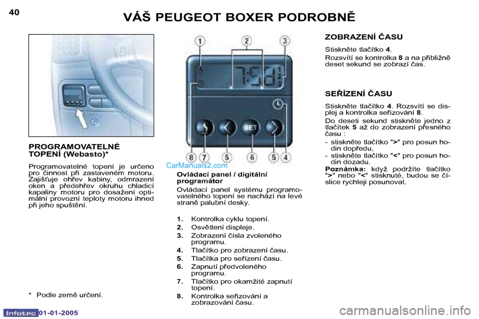 Peugeot Boxer 2005  Návod k obsluze (in Czech) �4�0
�0�1�-�0�1�-�2�0�0�5
�4�1
�0�1�-�0�1�-�2�0�0�5
�P�R�O�G�R�A�M�O�V�A�T�E�L�N�É�  
�T�O�P�E�N�Í� �(�W�e�b�a�s�t�o�)�*
�P�r�o�g�r�a�m�o�v�a�t�e�l�n�é�  �t�o�p�e�n�í�  �j�e�  �u�r�č�e�n�o�  
�p�