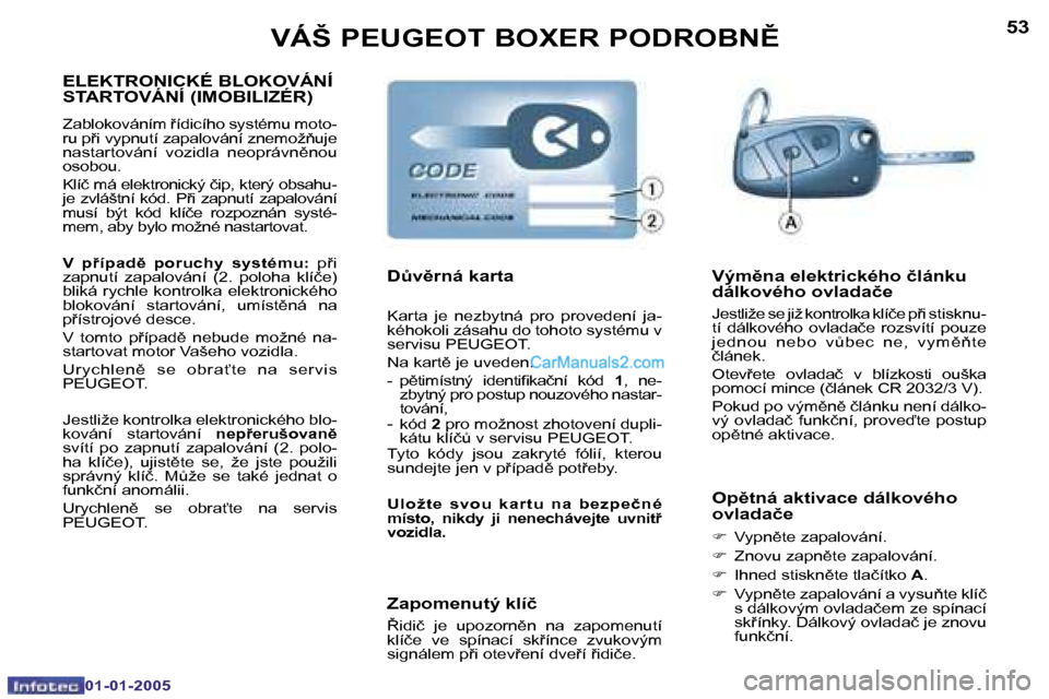 Peugeot Boxer 2005  Návod k obsluze (in Czech) �5�2
�0�1�-�0�1�-�2�0�0�5
�5�3
�0�1�-�0�1�-�2�0�0�5
�E�L�E�K�T�R�O�N�I�C�K�É� �B�L�O�K�O�V�Á�N�Í�  
�S�T�A�R�T�O�V�Á�N�Í� �(�I�M�O�B�I�L�I�Z�É�R�)
�Z�a�b�l�o�k�o�v�á�n�í�m� �í�d�i�c�í�h�o�