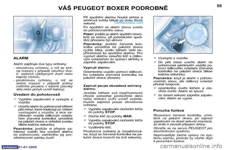 Peugeot Boxer 2005  Návod k obsluze (in Czech) �5�4
�0�1�-�0�1�-�2�0�0�5
�5�5
�0�1�-�0�1�-�2�0�0�5
�P�i�  �s�p�u�š�t)�n�í�  �a�l�a�r�m�u�  �h�o�u�k�á�  �s�i�r�é�n�a�  �a�  
�s�m)�r�o�v�á� �s�v)�t�l�a� �b�l�i�k�a�j�í� �p�o� �d�o�b�u� �t