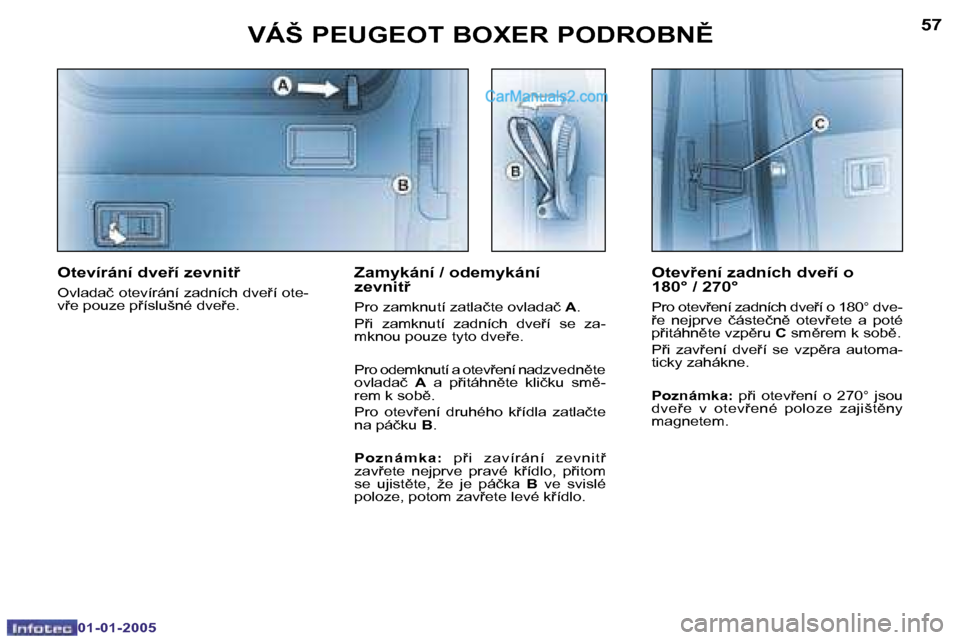 Peugeot Boxer 2005  Návod k obsluze (in Czech) �5�6
�0�1�-�0�1�-�2�0�0�5
�5�7
�0�1�-�0�1�-�2�0�0�5
�O�t�e�v9�e�n�í� �z�a�d�n�í�c�h� �d�v�e9�í� �o�  
�1�8�0�°� �/� �2�7�0�°
�P�r�o� �o�t�e�v�e�n�í� �z�a�d�n�í�c�h� �d�v�e�í� �o� �1�8�0�