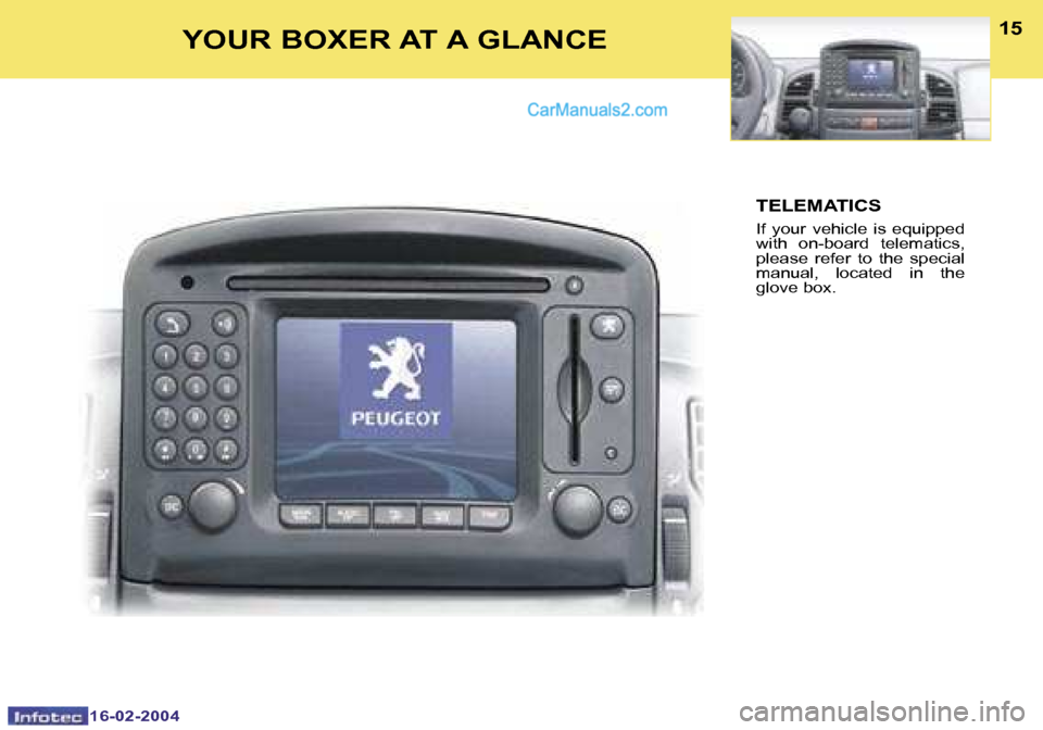 Peugeot Boxer 2004 User Guide �1�6�-�0�2�-�2�0�0�4�1�6�-�0�2�-�2�0�0�4
�1�4�1�5�Y�O�U�R� �B�O�X�E�R� �A�T� �A� �G�L�A�N�C�E�T�E�L�E�M�A�T�I�C�S
�I�f�  �y�o�u�r�  �v�e�h�i�c�l�e�  �i�s�  �e�q�u�i�p�p�e�d�  
�w�i�t�h�  �o�n�-�b�o�a�
