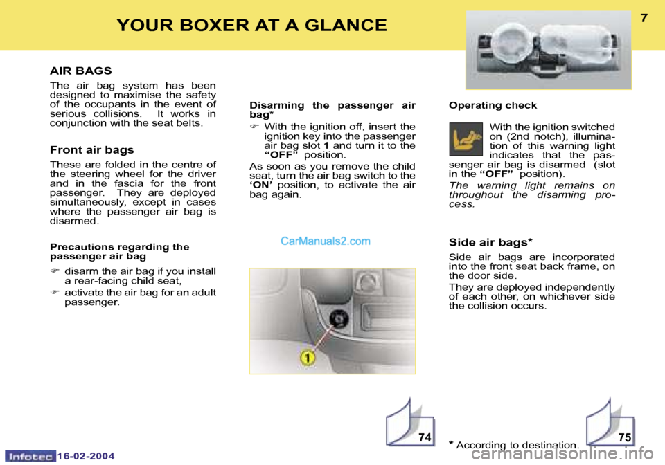 Peugeot Boxer 2004  Owners Manual �1�6�-�0�2�-�2�0�0�4�1�6�-�0�2�-�2�0�0�4
�7�4�7�5
�6�7
�A�I�R� �B�A�G�S
�T�h�e�  �a�i�r�  �b�a�g�  �s�y�s�t�e�m�  �h�a�s�  �b�e�e�n�  
�d�e�s�i�g�n�e�d�  �t�o�  �m�a�x�i�m�i�s�e�  �t�h�e�  �s�a�f�e�t�